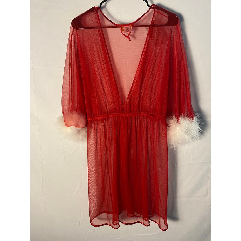 VTG 90s Cinema Etoile Red Mesh Holiday Marabou Robe White Feather Size Large